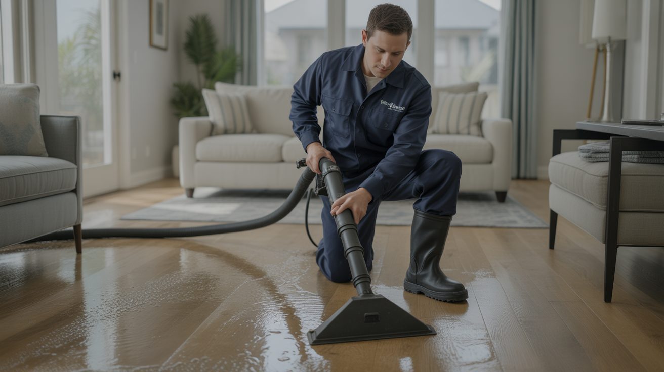 Water Damage Restoration technician at work in a Colorado Springs home